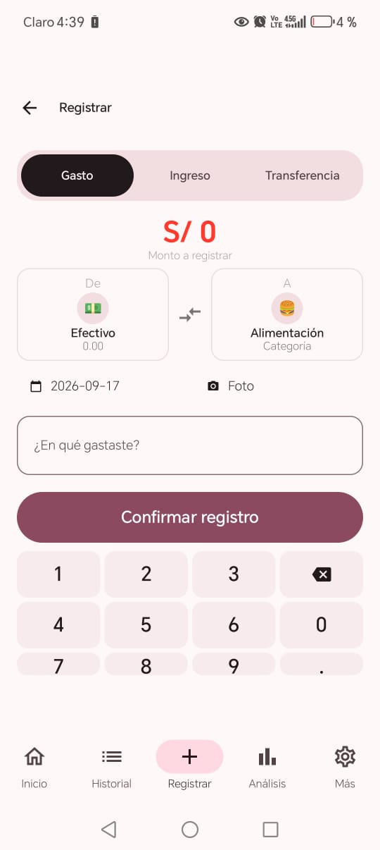 Registro de movimientos en la app móvil de control de préstamos y gastos